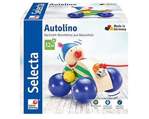 Selecta 62024 Autolino, Nachzieh Auto, Schiebe-und Nachziehspielzeug aus Holz, 11 cm von Selecta