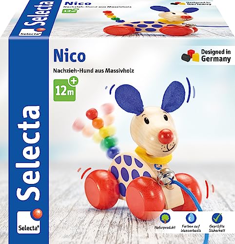 Selecta 62026 Nico, Nachzieh Hund, Schiebe-und Nachziehspielzeug, 1 Jahr to 3 Jahre, aus Holz, 12 cm von Selecta