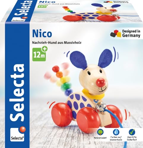 Selecta 62026 Nico, Nachzieh Hund, Schiebe-und Nachziehspielzeug, 1 Jahr to 3 Jahre, aus Holz, 12 cm von Selecta