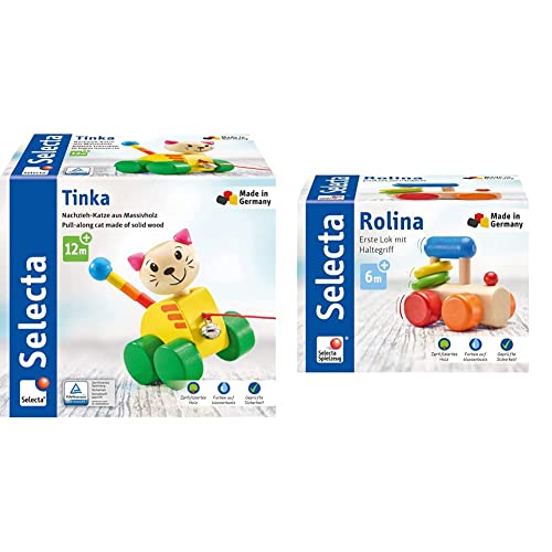 Selecta 62035 Tinka, Nachzieh Katze, Schiebe-und Nachziehspielzeug aus Holz, 12 cm & 61028 Rolina, Lok-Greifling, 8,5 cm von Selecta