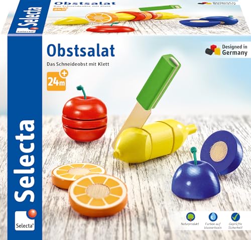 Selecta 62070 Obstsalat, Klett und Schneidespielzeug aus Holz, 11 Teile, Küchen-Spielzeugset, S von Selecta
