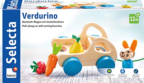 Selecta 62082 Verdurino, Obst und Gemüsewagen, Nachziehspielzeug und Sortierspielzeug aus Holz, 11 cm von Selecta