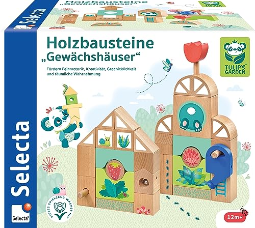 Selecta Baby 62085 Tulips Garden, Holzbausteine Gewächshäuser, 34 Teile, bunt von Selecta