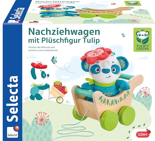 Selecta 62088 Tulips Garden, Nachziehwagen mit Plüschfigur Tulip, Schiebe-und Nachziehspielzeug aus Holz, 21 cm von Selecta