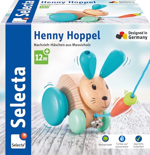 Selecta 62100 Henny Hoppel, Nachzieh-Hase, Schiebe-und Nachziehspielzeug aus Holz, 13 cm von Selecta
