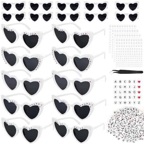 SelfTek DIY Herz Brille, 10 Stück Herz Sonnenbrille Partybrille Herzform Brille, Perlen&Buchstaben JGA Brillen Herzförmige für Bride to Be, Herzchen Sonnenbrille Herzform für Party Hochzeit Karneval von SelfTek