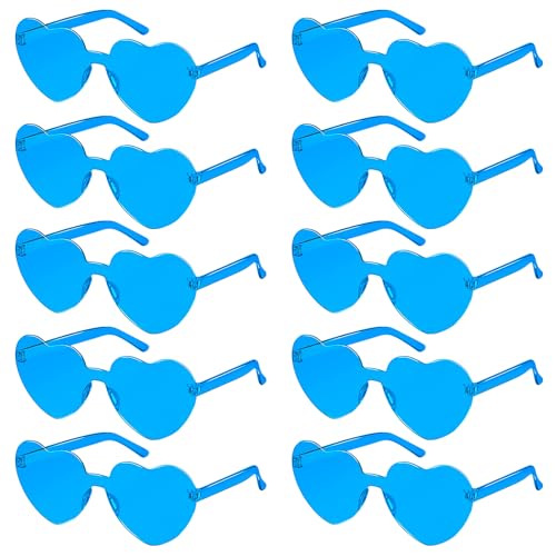 SelfTek 10 Stück blaue Herzbrillen, randlose Herz-Sonnenbrille, Liebesform, transparent, farbige Partybrillen, Multipack, modische Funky-Brillen für Damen, Herren, Kinder von SelfTek