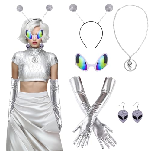 SelfTek Alien Kostüm Damen, 5 Stück Space Kostüm Weltraum Kostüm, Alien Haarreif Alien Brille Karneval Costume für Halloween Cosplay Maskerade Karneval (Alien Kostüm Zubehör) von SelfTek