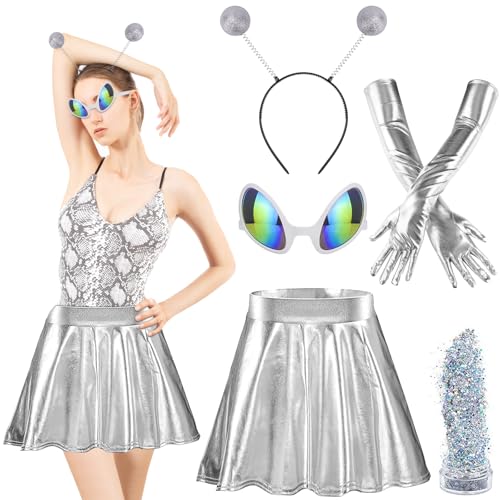 SelfTek Alien Kostüm Set, 5 Stück Alien Kostüm Space Girl Kostüm Damen, Alien Haarreif Alien Brille Weltall Karneval Costume, für Damen Halloween Cosplay Maskerade Fasching von SelfTek
