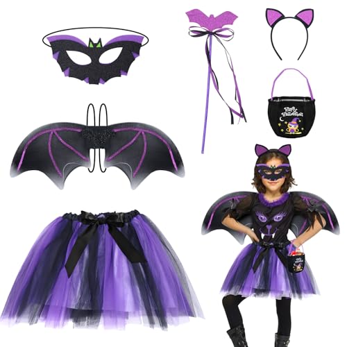 SelfTek Fledermaus-Kostüm für Kinder – 6-teiliges Halloween-Fledermaus-Kostüm, inklusive Flügel, Tutu-Rock, Stirnband, Maske, Zauberstab und Tragetasche, Halloween-Outfit für Mädchen, Cosplay-Party von SelfTek