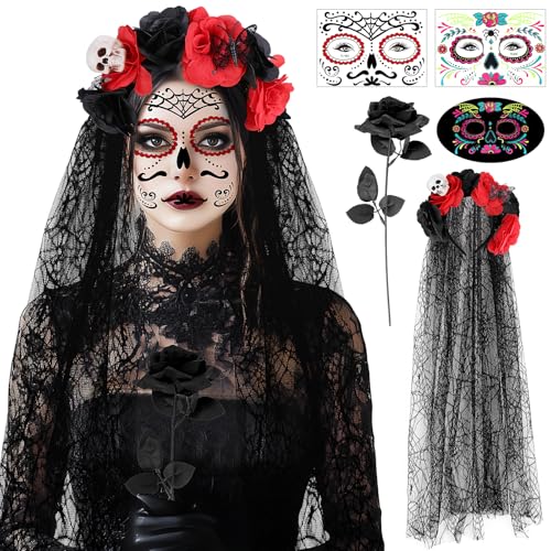 SelfTek Halloween Kostüm Dia De Los Muertos Kostüm Damen, Tag der Toten Kostüm Haarreif und Halloween Gesicht Tattoos, Day of The Dead Kostüm Damen Accessoires SelfTek Halloween Kostüm Dia De Los Muertos Kostüm Damen, Tag der Toten Kostüm Haarreif und Halloween Gesicht Tattoos, Day of The Dead Kostüm Damen Accessoires von SelfTek