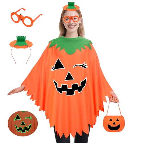 SelfTek Halloween-Kürbis-Kostüm für Damen – Halloween-Kostüme für Erwachsene und Frauen, Kostümoutfit, leuchtet im Dunkeln, Kürbis-Poncho, Stirnband, Süßigkeitentasche und Brille von SelfTek
