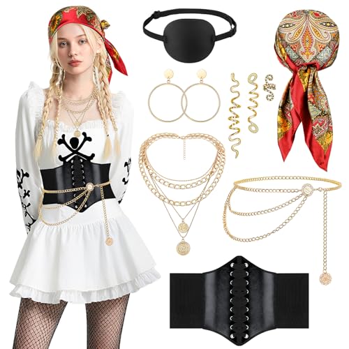 SelfTek Halloween Piratenkostüm Damen - 7 Stück Mittelalter Piratenkostüm Zubehör Kopftuch Halskette Taillengürtel Hüftkette Ohrringe Haarschmuckstücke Augenklappe für Halloween Karneval Cosplay Party SelfTek Halloween Piratenkostüm Damen - 7 Stück Mittelalter Piratenkostüm Zubehör Kopftuch Halskette Taillengürtel Hüftkette Ohrringe Haarschmuckstücke Augenklappe für Halloween Karneval Cosplay Party von SelfTek
