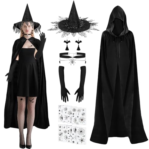SelfTek Hexenkostüme für Frauen – schwarzer Kapuzenumhang, Hexenhut mit Schleier, Spinnenketten, Spinnenaufkleber, lange Handschuhe und Fledermaus-Quaste, Ohrringe, Halloween-Kostüme, Zubehör für von SelfTek