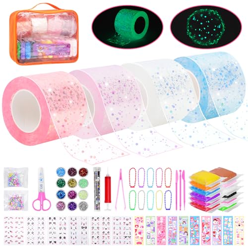 SelfTek Nano Tape Bubbles Set für Kinder - DIY Bastelset Kinder 3+ Jahre Kit mit Pump Pailletten Glitzerpulver Aufklebern Ton Schere Werkzeugen, DIY Nanotape Kreatives für Mädchen Jungen (Leuchtendes) von SelfTek