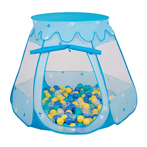 SELONIS Baby Spielzelt Mit Plastikbällen Zelt 105X90cm/100 Bälle Plastikkugel Kinder, Blau:Türkis-Blau-Gelb-Transparent von SELONIS