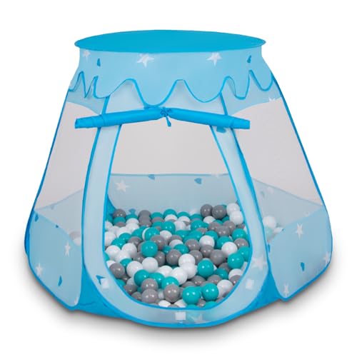 SELONIS Baby Spielzelt Mit Plastikbällen Zelt 105X90cm/100 Bälle Plastikkugel Kinder, Blau:Grau-Weiß-Türkis von SELONIS