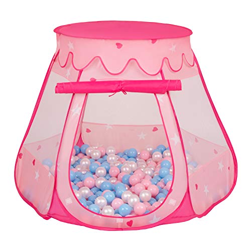 Selonis Baby Spielzelt Mit Plastikbällen Zelt 105X90cm/100 Bälle Plastikkugel Kinder, Pink:Babyblau-Puderrosa-Perle von SELONIS