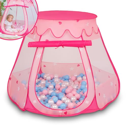 Selonis Baby Spielzelt Mit Plastikbällen Zelt 105X90cm/100 Bälle Plastikkugel Kinder, Pink:Babyblau-Puderrosa-Perle von SELONIS