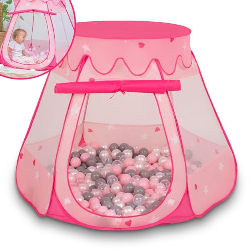 SELONIS Baby Spielzelt Mit Plastikbällen Zelt 105X90cm/100 Bälle Plastikkugel Kinder, Pink:Perle-Grau-Transparent-Puderrosa von SELONIS