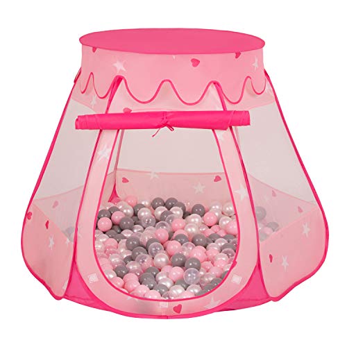 Selonis Baby Spielzelt Mit Plastikbällen Zelt 105X90cm/100 Bälle Plastikkugel Kinder, Pink:Perle-Grau-Transparent-Puderrosa von SELONIS