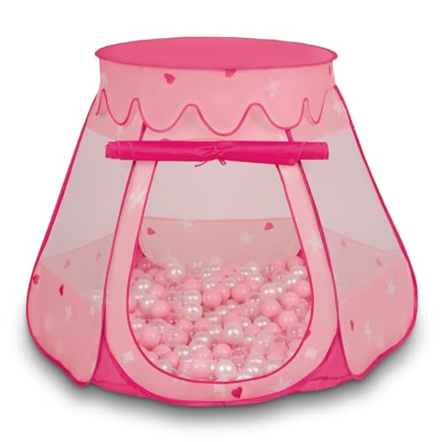 SELONIS Baby Spielzelt Mit Plastikbällen Zelt 105X90cm/100 Bälle Plastikkugel Kinder, Pink:Puderrosa-Perle-Transparent von SELONIS