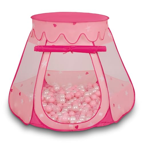 SELONIS Baby Spielzelt Mit Plastikbällen Zelt 105X90cm/200 Bälle Plastikkugel Kinder, Pink:Puderrosa-Perle-Transparent von SELONIS