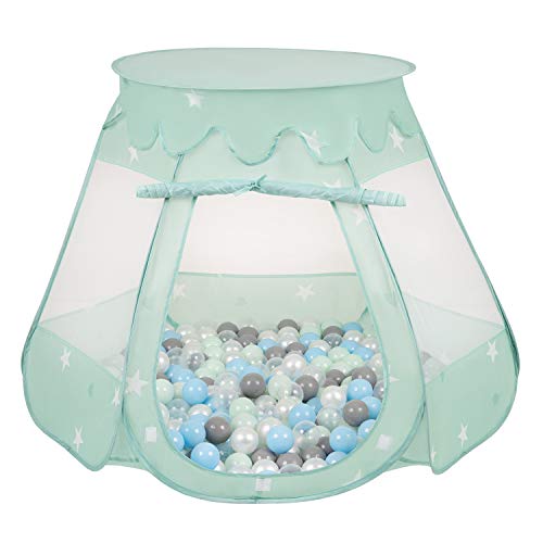 SELONIS Baby Spielzelt Mit Plastikbällen Zelt 105X90cm/200 Stück Bälle Plastikkugel Kinder, Minze:Perle/Grau/Transparent/Babyblue/Minze von SELONIS