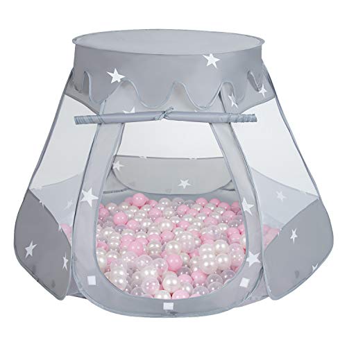 SELONIS Baby Spielzelt Mit Plastikbällen Zelt 105X90cm/600 Stück Bälle Plastikkugel Kinder, Grau:Puderrosa/Perle/Transparent von SELONIS