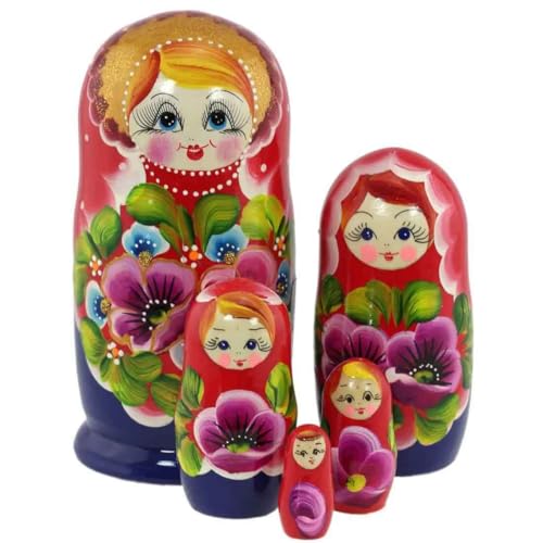 Semenovskay Rospis Matroschka Babuschka Matrjoschka Holzpuppen handbemalt Set 5 Puppen Mohnblumen (Rosa-Blau) von Semenovskay Rospis