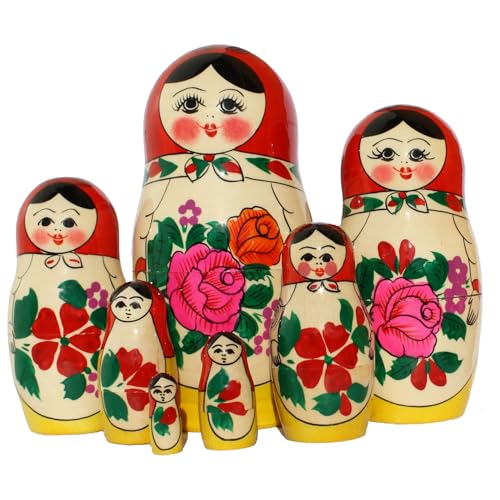 Semenovskay Rospis original russische Matroschka Puppen Babuschka Matrjoschka Holzpuppen klassisch Set in 7 Figuren (7 Puppen 16cm rotes Tuch) von Semenovskay Rospis