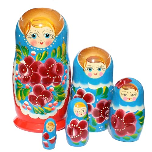 Semenovskay Rospis russische Matroschka Babuschka Matrjoschka Holzpuppen handbemalt Set 5 Puppen rote Blume (blau-rot) von Semenovskay Rospis