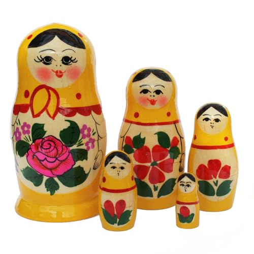 Semenovskaya Rospis original russische Matroschka Puppen Babuschka Matrjoschka Holzpuppen klassisch Set in 5 Figuren (5 Puppen 11 cm gelbes Tuch) von Semenovskaya Rospis
