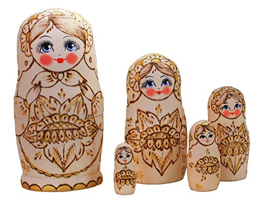 Semenowskaya Rospis Matroschka Babuschka Matryoshka Holz Figuren Sonnenblume 5 Puppen Holzbrandmahlerei von Semenowskaya Rospis