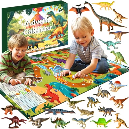 Dinosaurier Adventskalender Weihnachts Countdown Geschenkbox – Weihnachtliche Überraschung mit 24 Einzigartigen Dinosauriern und Bildungsinformationen – Familien-Würfelspiel mit Fluchtkarte von SenZjx
