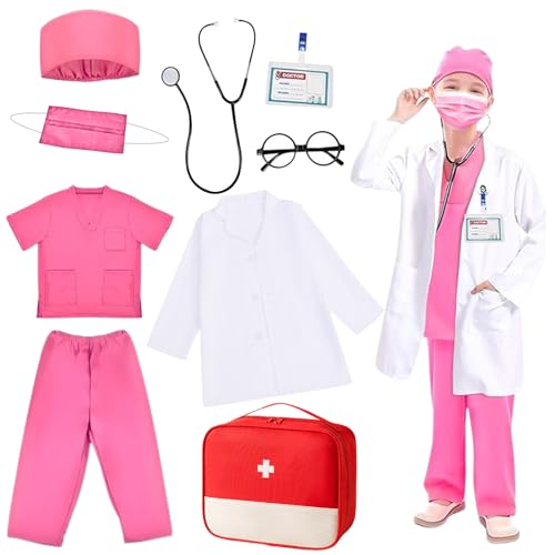 Arztkoffer Kinder Kostüm 9 Stück – Arzt Kostüm Kinder mit Arztkittel und Rollenspiel Zubehör – Perfekte Verkleidung für Fasching, Halloween, Geschenke für Jungen und Mädchen 3-10 Jahre(Rosa 130) von Senchinner