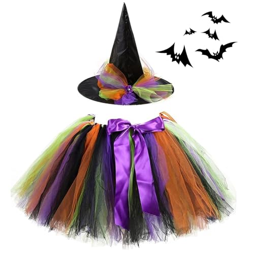 Senchinner Hexenkostüm Mädchen, Faschingskostüme Halloween Karneval Kostüm, Tüllrock Tütü Rock Bunt, Zubehör Hexenhut, Für Halloween Karneval Cosplay von Senchinner