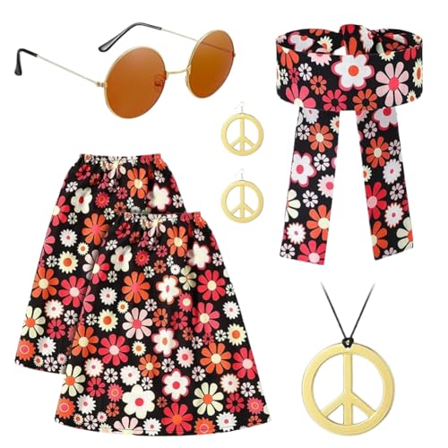 5-teiliges Hippie Kostüm Damen Set – 70er Jahre Outfit mit Beinstulpen, Stirnband, Sonnenbrille, Frieden Zeichen Halskette und Ohrringen – Perfektes Karneval Damen Kostüm für Frauen und Mädchen-A 5-teiliges Hippie Kostüm Damen Set – 70er Jahre Outfit mit Beinstulpen, Stirnband, Sonnenbrille, Frieden Zeichen Halskette und Ohrringen – Perfektes Karneval Damen Kostüm für Frauen und Mädchen-A von Senchinner