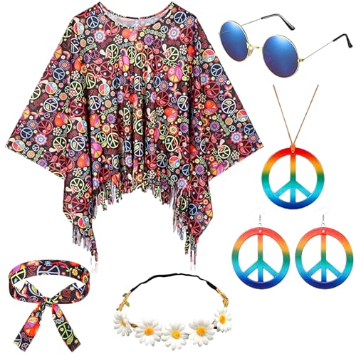 6 Stück Hippie Kostüm Set - 60er 70er Jahre Bekleidung Accessoires mit Hippie Poncho Frieden Zeichen Ohrringe Stirnband Hippie Sonnenbrillen Halskette,Fasching Karneval Kostüm Damen-B 6 Stück Hippie Kostüm Set - 60er 70er Jahre Bekleidung Accessoires mit Hippie Poncho Frieden Zeichen Ohrringe Stirnband Hippie Sonnenbrillen Halskette,Fasching Karneval Kostüm Damen-B von Senchinner