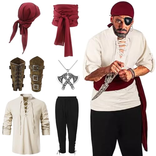 Mittelalter Kleidung Herren Set,Renaissance Kostüm Herren Mittelalter Kleidung Männer,Viking Kostüm Herren mit Langärmelige Hemden,Hosen,Armbänder,Turbane,Taillenschals und Halsketten-XL Mittelalter Kleidung Herren Set,Renaissance Kostüm Herren Mittelalter Kleidung Männer,Viking Kostüm Herren mit Langärmelige Hemden,Hosen,Armbänder,Turbane,Taillenschals und Halsketten-XL von Senchinner