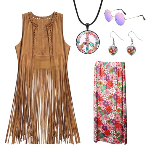 Hippie Kostüm Damen -faschingskostüme damen 70er jahre outfit damen,Fransenweste Damen,inklusive Quastenweste, Boho-Rock, Hippie-Brille, Stirnband, Peace-Zeichen-Schmuck, Outfit für Karneval,Partys-XL Hippie Kostüm Damen -faschingskostüme damen 70er jahre outfit damen,Fransenweste Damen,inklusive Quastenweste, Boho-Rock, Hippie-Brille, Stirnband, Peace-Zeichen-Schmuck, Outfit für Karneval,Partys-XL von Senchinner