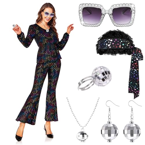 Senchinner 60er 70er Jahre Outfit Damen,Disco Kostüm Damen,Disco Outfit Damen,Karneval kostüm Outfit Damen,Party Outfit 60er 70er,mit Perücke Halskette Armband Ohrringe Ring für Party (Schwarz, M) Senchinner 60er 70er Jahre Outfit Damen,Disco Kostüm Damen,Disco Outfit Damen,Karneval kostüm Outfit Damen,Party Outfit 60er 70er,mit Perücke Halskette Armband Ohrringe Ring für Party (Schwarz, M) von Senchinner