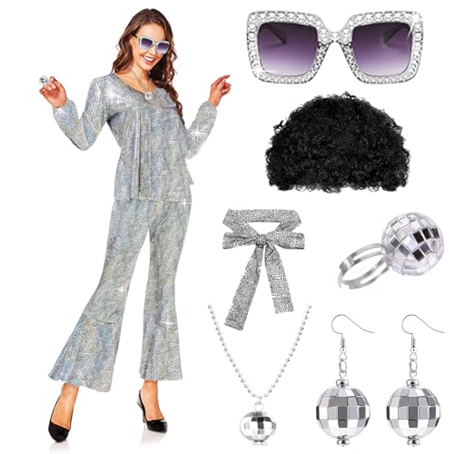 Senchinner 60er 70er Jahre Outfit Damen,Disco Kostüm Damen,Disco Outfit Damen,Karneval kostüm Outfit Damen,Party Outfit 60er 70er,mit Perücke Halskette Armband Ohrringe Ring für Party (Silber, M) Senchinner 60er 70er Jahre Outfit Damen,Disco Kostüm Damen,Disco Outfit Damen,Karneval kostüm Outfit Damen,Party Outfit 60er 70er,mit Perücke Halskette Armband Ohrringe Ring für Party (Silber, M) von Senchinner