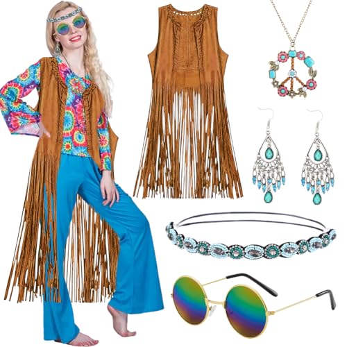 Senchinner Hippie Kostüm Damen Set mit Fransenweste, Kopfband, Kette, Ohrringen und Sonnenbrille, 70er Jahre Stil, Karneval Faschingskostüm für Damenr-XXL Senchinner Hippie Kostüm Damen Set mit Fransenweste, Kopfband, Kette, Ohrringen und Sonnenbrille, 70er Jahre Stil, Karneval Faschingskostüm für Damenr-XXL von Senchinner