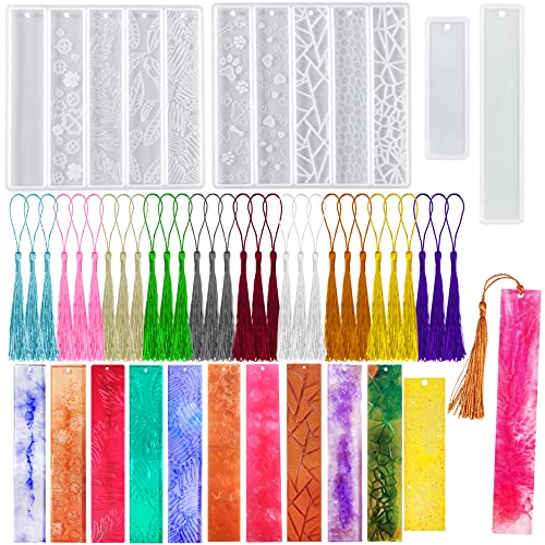 Senhai Lesezeichen-Formen aus Kunstharz, rechteckige Blätterstruktur, Blumenform, Lesezeichen-Formen für Epoxidharz (12 Stile) mit 30 bunten Quasten, 3D-DIY-Herstellung, handgefertigte Dekoration von Senhai