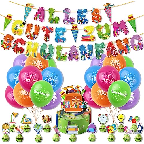 Einschulung Deko Schuleinführung Schulanfang Deko Set für Jungen Mädchen, Einschulung Schulanfang Luftballon Cupcake Toppers, Alles Gute Zum Schulanfang Girlande von Senidea