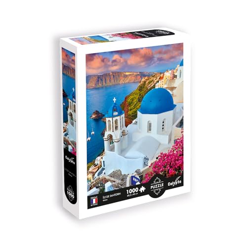 Calypto 3907052 Santorini, 1000 Teile Puzzle mit Soft-Touch, Städtepuzzle mit samtiger Oberfläche, für Erwachsene und Kinder ab 9 Jahren, Griechenland, Küste, Meer von Sentosphere
