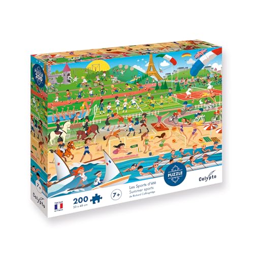 Calypto 3907400 Sommersport, 200 Teile Puzzle mit Soft Touch, Kinderpuzzle mit samtiger Oberfläche inkl. Puzzleposter, für Kinder ab 7 Jahren, Wimmelbild, Fußball, Reiten von Sentosphere