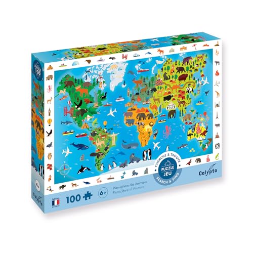 Calypto 3907501 Tierweltkarte, 100 Teile XL-Puzzle mit Soft-Touch, Kinderpuzzle mit samtiger Oberfläche inkl. Suchspiel und Puzzleposter, für Kinder ab 6 Jahren, Wimmelbild, Weltkarte, Länder, Tiere von Sentosphere