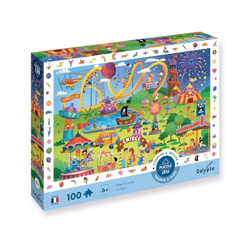 Calypto 3907502 Jahrmarkt, 100 Teile XL-Puzzle mit Soft-Touch, Kinderpuzzle mit samtiger Oberfläche inkl. Suchspiel und Puzzleposter, für Kinder ab 6 Jahren, Wimmelbild, Rummel, Kirmes, Karussell von Sentosphere